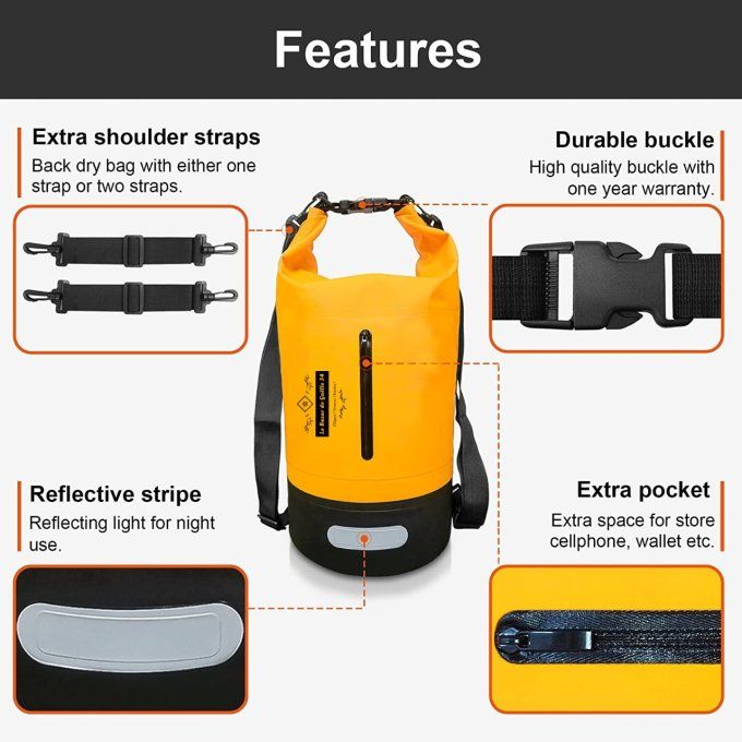 Sac 20L étanche Waterproof avec Longue Sangle réglable pour Kayak en Bateau Excursion en canoë/pêche