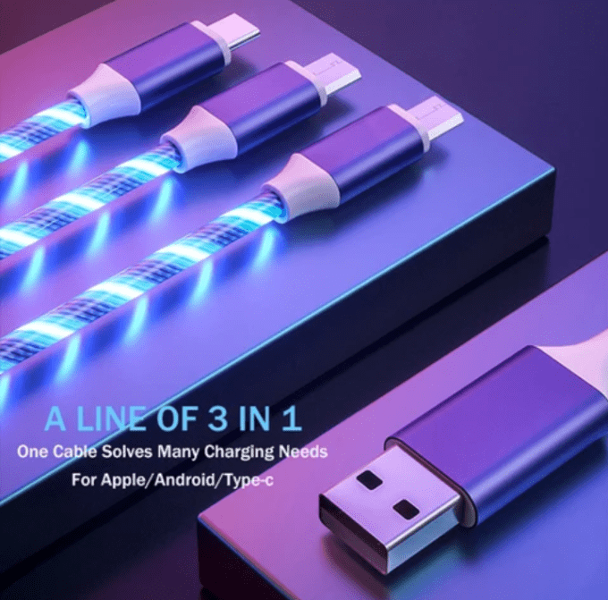 Câble de charge USB 3en1 LED IPhone/Android/Tablette/PC multicolore