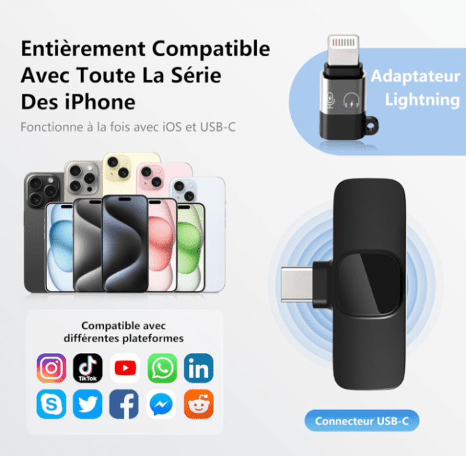 Wireless Microphone Cravate pour téléphone (USB-C)ou(IOS)