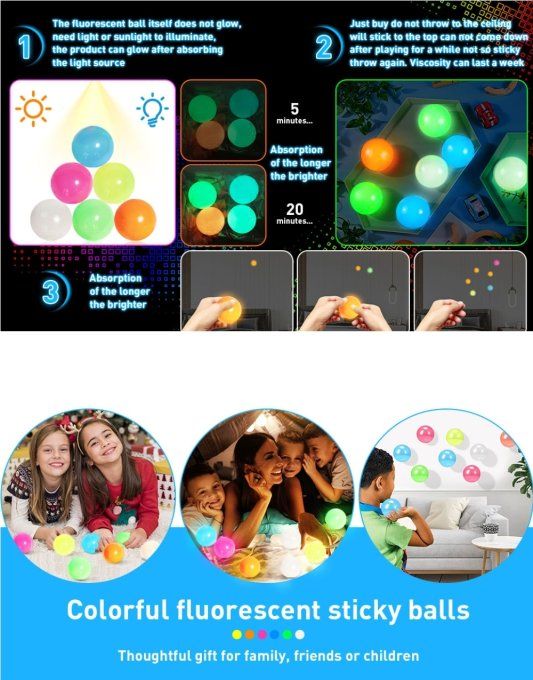 Lot de 8 balles anti-stress collantes fluorescentes – Relaxation et amusement pour petits et grands 